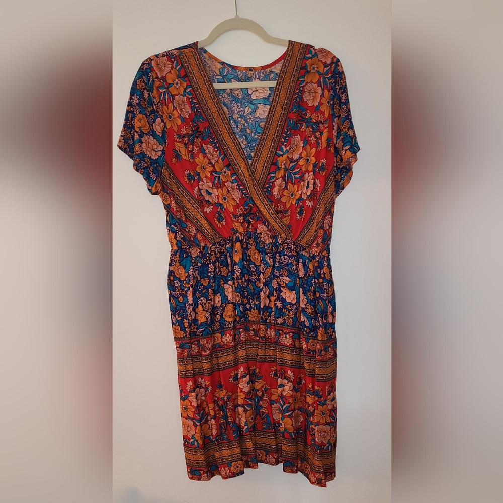 SHEIN V-Neck Floral Midi Dress - Red and Blue